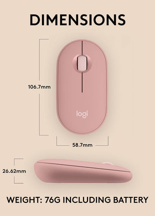 Logitech Pebble Mouse 2 M350s Slim Bluetooth Wireless Mouse, Portable, Lightweight, Customizable Button, Quiet Clicks, Easy-Switch for Windows, macOS, iPadOS, Android, Chrome OS - Tonal Rose