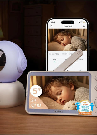 BOIFUN Wi-Fi Baby Monitor with Camera and Audio, Smartphone Compatible APP, 2K HD Night Vision with 5inch Display, Auto Motion Tracking & Cry Detection, 2-Way Talk, Temp Sensor, Safe Encrypted