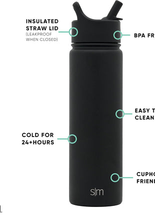 Simple Modern Water Bottle with Straw Lid Vacuum Insulated Stainless Steel Metal Cup Bottles | Reusable Leak Proof BPA Free Flask for Gym Sports | Summit Collection | 22oz, Midnight Black
