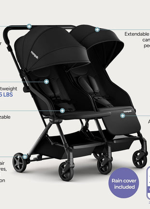 Mompush Lithe Double Stroller, Lightweight Side by Side, Infant & Toddler | 25 lbs design, 30-inch width fits doorways, one-step fold, independent recline, UPF50+ canopy, all-wheel suspension