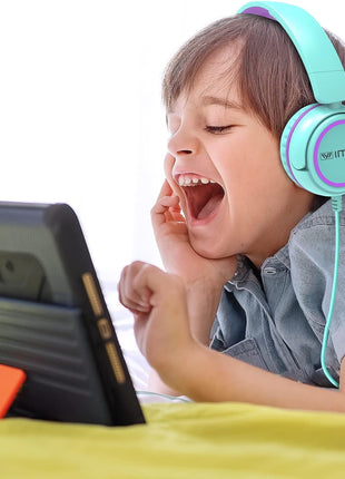 IMYB V1 Kids Headphones, 85dB Safe Volume for School, Toddler 2-12, Adjustable Foldable Durable Wired Cord, iPad Kindle Tablet Chromebook 3.5mm On-Ear for Boys Girls Teens Travel Plane (Green)