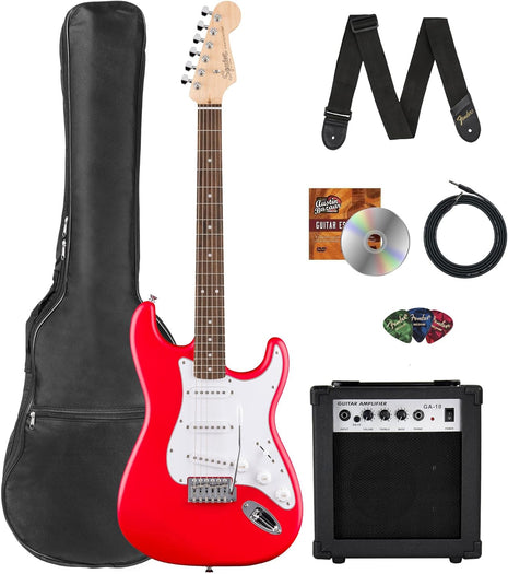 Fender Squier Stratocaster   Torino Red Bundle with Amplifier, Gig Bag, Strap, Instrument Cable, Picks, and Austin Bazaar Instructional DVD