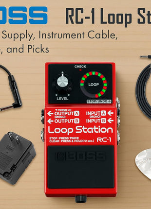 Boss RC 1 Loop Station Bundle with Gearlux Power Supply, Instrument Cable, Patch Cable, and Picks