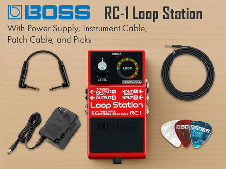 Boss RC 1 Loop Station Bundle with Gearlux Power Supply, Instrument Cable, Patch Cable, and Picks