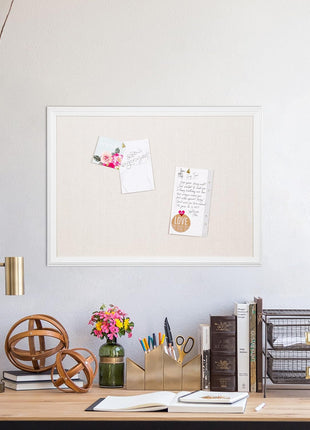 U Brands Farmhouse Linen Bulletin Board, 24 inch x 18 inch, White Wood Style Frame, Industrial Grade Pinning Surface