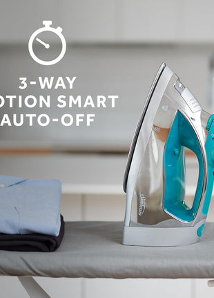 Sunbeam Turbo Steam Iron, 1400 Watt, Nonstick Ceramic Soleplate, Horizontal or Vertical Shot of Steam, Quick Heating, 3 Way Auto Off, White and Chrome (Chrome/Teal)
