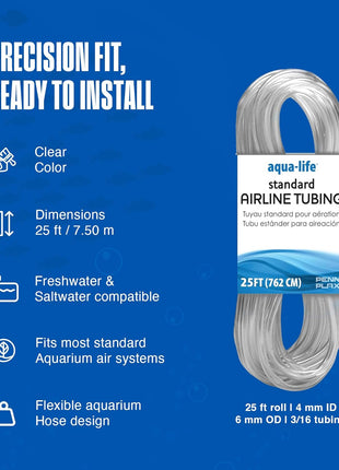 Penn-Plax Aqua-Life Standard Airline Tubing - 3/16 Inch Flexible Airline Hose for Aquarium Pumps, Fish Tank Line for Air Stones & Filters - Safe for Freshwater & Saltwater - 25 ft Long, Clear