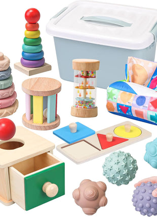 Montessori Toys for Babies 6-12 Months,1 Year Old,8 in 1 Learning Educational Set Wooden Sensory Toys for Baby Toys 12-18 Months (Includes Tissue Box Toy,Rainmaker and More)
