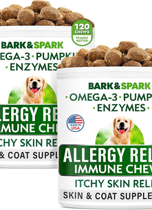 Allergy Relief Dog Treats - Itchy Skin Relief - Omega 3 + Pumpkin + Enzymes - Seasonal Allergies - Anti-Itch & Hot Spots - Immune Supplement - 300 Chews - Peanut Butter + Chicken Flavor - Made in USA