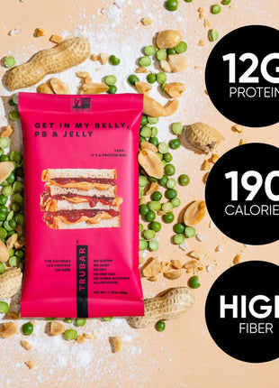 TRUBAR Vegan Protein Bar, Get In My Belly Pb & Jelly, Gluten Free, Plant Based, High Fiber, Dairy Free, Low Fat, Non GMO, No Sugar Alcohols, 12G Lean Protein, 13G Fiber, Healthy Snack Bars, 12 CT