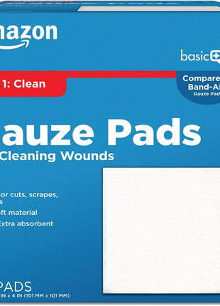 Amazon Basic Care Gauze Pads, 4x4 inches Sterile Medical Wound Dressing Sponges for Cleaning, Covering, & Cushioning Cuts & Minor Injuries, 50 Count (Pack of 1), (Previously All Health)
