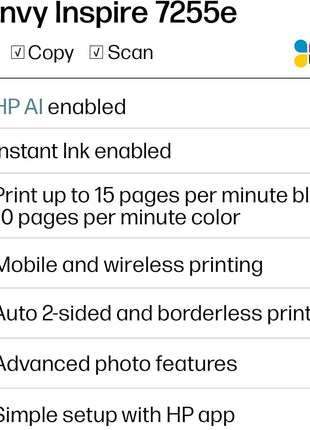 HP Envy Inspire 7255e Wireless Color Inkjet Printer, Print, scan, copy, Easy setup, Mobile printing, Best-for-home, 3 month Instant Ink trial included, AI-enabled (1W2Y9A)