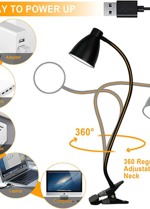 BOHON Desk Lamp 5 Color Modes 10 Brightness Dimmer Reading Light 10W 38 LED Clamp Lamp with Auto Off Timer 360° Flexible Neck Clip on Light for Bed Bedside, AC Adapter Include