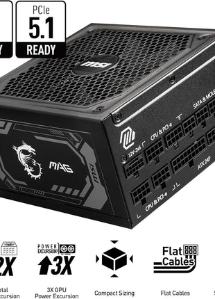 MSI MAG A1250GL PCIE5, Fully Modular Compact Gaming 1250W Power Supply, 80+ Gold, ATX 3.1 & PCIe 5.1 Ready, Native Dual-Color 12V-2x6 Cable, 10 Year Warranty