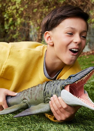 Mattel Jurassic World Rebirth Bite N Blast Mosasaurus & Mini Dinosaur | Wide Jawed Dinosaur Toy, Movie Accurate and Posable, Includes Mini Dilophosaurus, Digital Play Via Scannable App Code