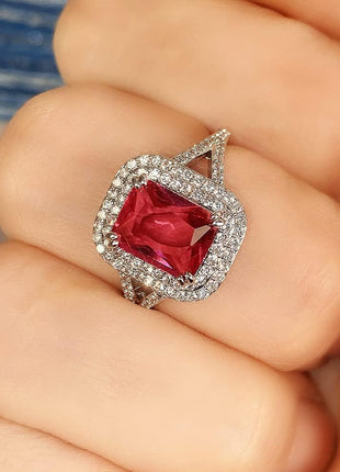 Vintage 925 Sterling Silver Promise Rings for her,Ruby Ring Cocktail Rings Square Cut Red Gemstone Cubic Zirconia Anniversary Promise Ring Halo Ring Eternity Engagement Wedding Band Ring for Women 10