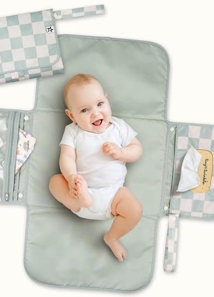 Tiny Twinkle Portable Diaper Changing Pad | Waterproof, Wipeable & Compact Baby Changing Pad for Travel | Smart Wipes Pocket & Organized Storage| Newborn Shower Gift (Sage Checkers)
