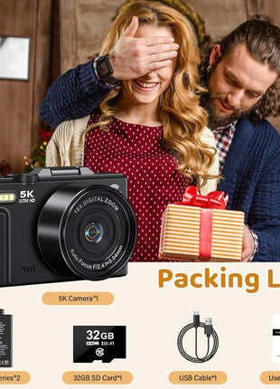 5K Digital Camera for Photography - WiFi 75MP Vlogging Cameras for YouTube - UHD Autofocus Video Camera 3" 180° Flip Screen with 18X Zoom - Compact Vlog Travel Camara with 32GB SD Card, 2 Batteries