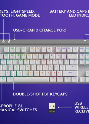 Logitech G515 Lightspeed TKL Low Profile Wireless Gaming Keyboard, LIGHTSYNC RGB, Thin Tenkeyless Design, Double-Shot PBT Keycaps, Linear (Red) Mechanical Switches - White