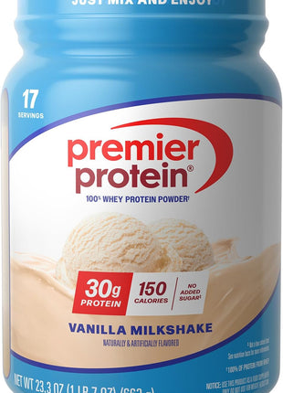 Premier Protein 30g High Protein Powder, 100% Whey, Vanilla, 17 Servings | No Added Sugar, Supports Muscle Health, Soy & Gluten-Free, 1.5 lb