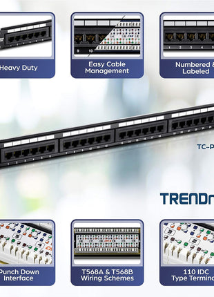 TRENDnet 24-Port Cat6 Unshielded Patch Panel, Wallmount or Rackmount, Compatible with Cat3,4,5,5e,6 Cabling, for Ethernet, Fast Ethernet, Gigabit Applications, Black, TC-P24C6 (Pack of 1)