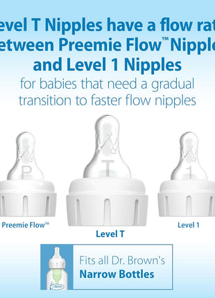 Dr. Brown's Natural Flow Level T Narrow Baby Bottle Nipple, Newborn Slow Flow, 0m+, 100% Silicone, 6-Pack