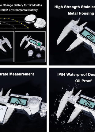 Kynup Digital Caliper 6 Inch Measuring Tool, Professional Stainless Steel Electronic Micrometer with Large LCD Screen, Vernier Caliper, Inch Metric Fraction Conversion, Auto-Off, IP54 Splash Proof