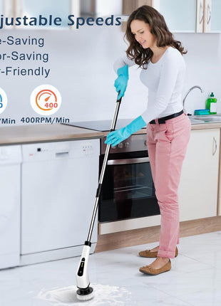 Electric Spin Scrubber, Power Shower Cleaning Brush with Long Handle | Cordless Cleaning Scrubber, 7 Replaceable Brush Heads, 90Mins Work Time, 3 Adjustable Size, 2 Speeds for Bathroom Cleaner