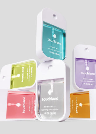 Touchland Juicy Trio Hydrating Hand Sanitizer Spray Set Travel Size | TSA ready Power Mist with skincare benefits. Velvet Peach, Berry Bliss and Wild Watermelon.