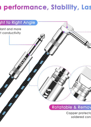 Sovvid 10FT Instrument Cable - Electric Guitar & Bass Cable with Right Angle 1/4 Inch Connector - Black & Bluetest