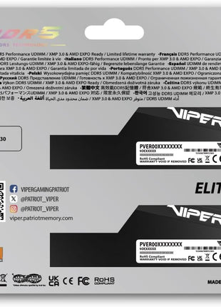 Patriot Viper Elite 5 Ultra Gaming DDR5 RAM 64GB (2X32GB) 6000MT/s CL28 1.4v UDIMM Desktop Gaming Memory Kit Compatible with Intel XMP AMD Expo - VEU564G6028K