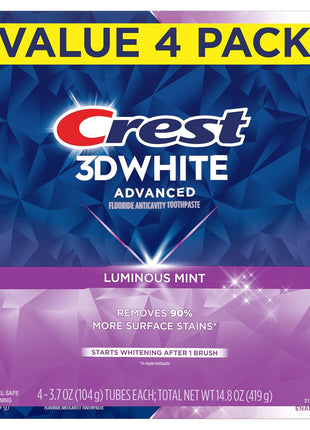 Crest 3D White Advanced, Teeth Whitening Toothpaste for Adults, 3.7 oz, 4 Pack, Cavity Protection Fluoride Toothpaste, Strengthens Enamel, Travel Size Toiletries