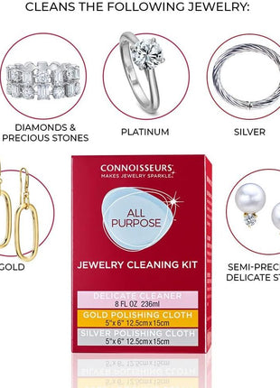 CONNOISSEURS All-Purpose Jewelry Cleaning Kit - Includes Delicate Jewelry Cleaner Solution and 2 Polishing Cloths
