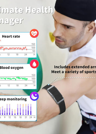 Smart Bracelet for Men Women, Fitness Tracker with Free App, 24/7 Auto Heart Rate/SpO2 Monitor, Sleep Stress Tracking Smart Health Wristband, 120+ Sports Modes with Extended Armband, IP68 Waterproof
