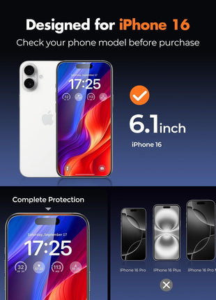 UNBREAKcable 2-Pack Screen Protector for iPhone 16, Military-Grade Shatterproof Tempered Glass [9H+ Hardness] [Easy Installation Frame] [99.99% HD Clear] for Apple iPhone 16