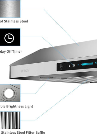 IKTCH 30 Inch Under Cabinet Range Hood with 900-CFM, 4 Speed Gesture Sensing&Touch Control Panel, Stainless Steel Kitchen Vent with 2 Pcs Baffle Filters(IKC01-30)