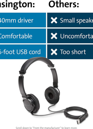 Kensington USB-A Hi-Fi Headphones, On-Ear Headset, 6ft Cord, for Kids, for Adults, for School, Padded Adjustable Headband (K97600WW), Black