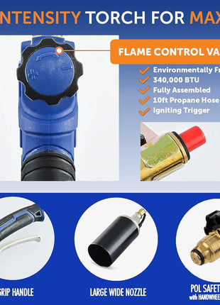 Flame King Propane Torch Kit Heavy Duty Weed Burner, 340,000 BTU with Piezo Igniter (Self Igniting), with 10-ft Hose for Weed Burning, Melting Ice and Snow, and Roofing