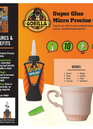 Gorilla Micro Precise Super Glue Gel, Cyanoacrylate Glue, Fast Setting, Precise Dispensing Tool, Anti-Clog Cap, Clear, 5.5g, (Pack of 2)
