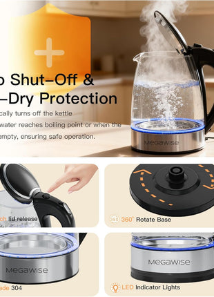 Megawise Electric Glass Kettle with Auto Shut-Off (1.8L)