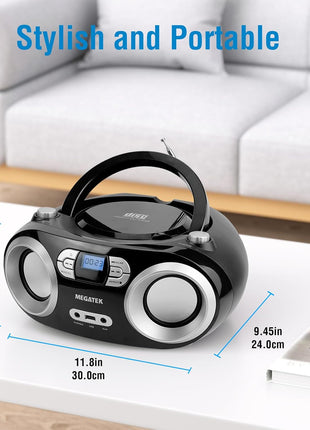 MEGATEK Portable CD Player Boombox with FM Radio, Bluetooth, USB Port, AUX Input, and Headphone Jack – CD-R/CD-RW/MP3-CD Compatible, Clear Stereo Sound, Backlit LCD Display – Black