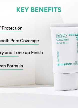 Innisfree UV Active Poreless Sunscreen SPF 50+ / PA+++ 1.7 fl oz (50 ml) Makeup Foundation / Sunscreen Blood Tone, Transparent, Moisturizing, Pore Cover Tone Up Primer