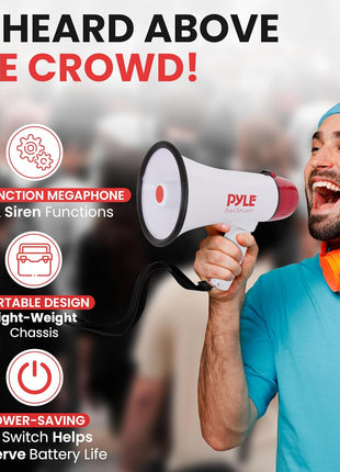 Pyle 20W Megaphone Bullhorn - 5.4'' x 8.6'' Portable Megaphone, Projection Range 1000 Sq. Yards, Voice Talking & Siren Alert, Shoulder Strap, Battery Operated, (White)