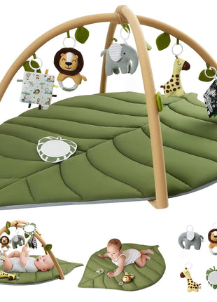 Blissful Diary Baby Play Gym & Activity Mat, Oversize Leaf Shaped Baby Play Mat w 6 Detachable Toys, Tummy Time Mat Promote Motor Skills & Sensory Development Mat, Newborn Infant Baby Essentials Gift