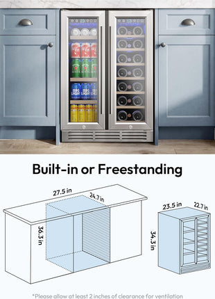 EUHOMY Wine and Beverage Refrigerator, 24 Inch Dual Zone Wine Cooler with Glass Door Hold 21 Bottles and 88 Cans, Built in or Under Counter Wine Fridge with Blue LED Light