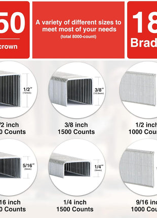 SHALL Heavy Duty T50 Staples and 18GA Brad Nails Combo Kit, 8000-Count, Four Sizes of T50 Staples for Staple Gun Including 1/4, 5/16, 3/8, 1/2 Inch and Two Sizes of Brad Nails Including 1/2, 9/16 Inch