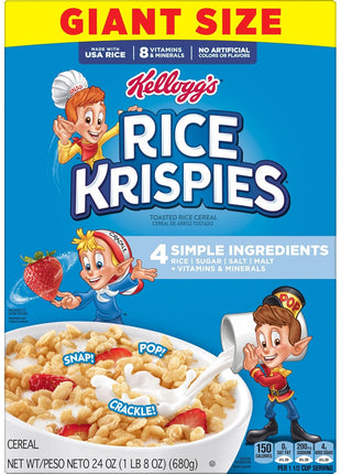 Kellogg's Rice Krispies Cold Breakfast Cereal, 8 Vitamins and Minerals, Rice Krispies Treats, Giant Size, Original, 24oz Box (1 Box)