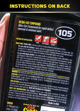 Meguiar's Mirror Glaze M105 Ultra-Cut Compound, Pro-Grade Car Compound for Removing Scratches and Heavy Swirls, Restores Gloss and Clarity, Car Guy Gifts for Men and Women Who Love to Detail, 8 Oz