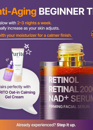 PURITO Retinol 0.1% + Retinal 0.1% Serum for Sensitive Skin, 1.01 fl.oz