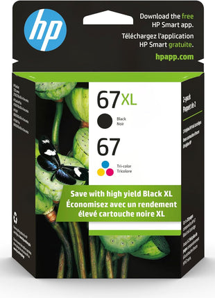 HP Original 67 Tri-Color / 67XL Black Ink Cartridges (2-Pack) | Works DeskJet 1255, 2700, 4100 Series Envy 6000, 6400 Series | Eligible for Instant Ink | 3YP30AN